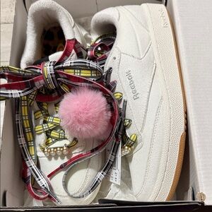 Reebok White Sneakers with Pink Pom-Pom and Plaid Laces
